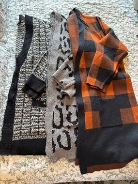 Three Cardigan Sweaters Black, Cream & Orange Mixed-Knit Cardigan Trio